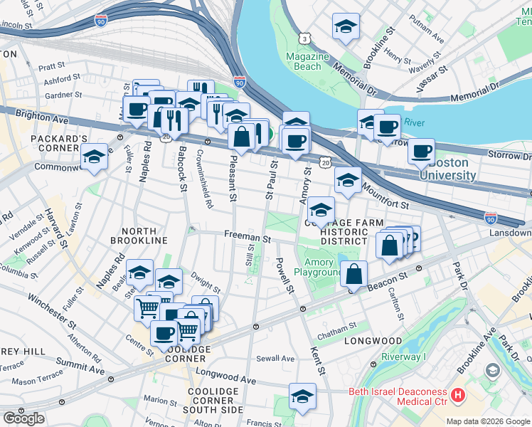 map of restaurants, bars, coffee shops, grocery stores, and more near in Brookline