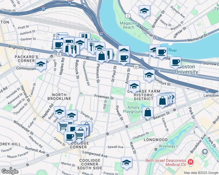 map of restaurants, bars, coffee shops, grocery stores, and more near in Brookline