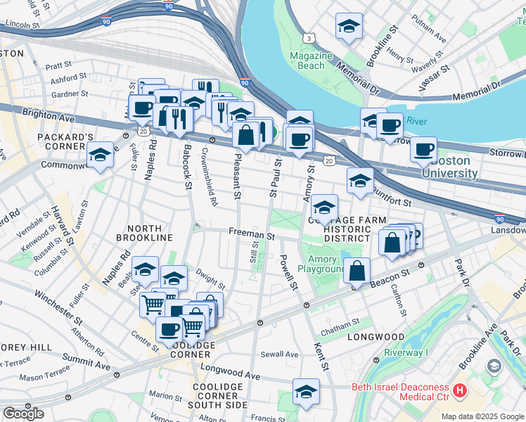 map of restaurants, bars, coffee shops, grocery stores, and more near in Brookline