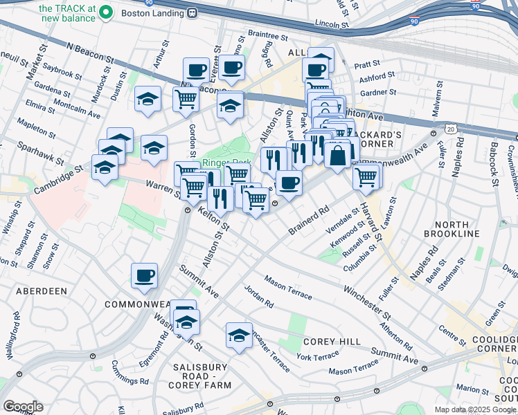 map of restaurants, bars, coffee shops, grocery stores, and more near 1348 Commonwealth Avenue in Boston