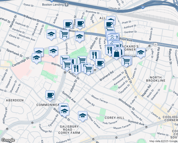 map of restaurants, bars, coffee shops, grocery stores, and more near 1348 Commonwealth Avenue in Boston