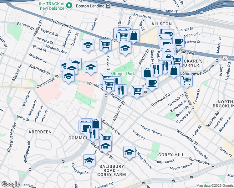 map of restaurants, bars, coffee shops, grocery stores, and more near 153 Kelton Street in Boston