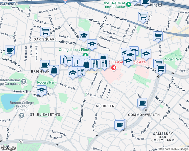 map of restaurants, bars, coffee shops, grocery stores, and more near 18 Winship Street in Boston