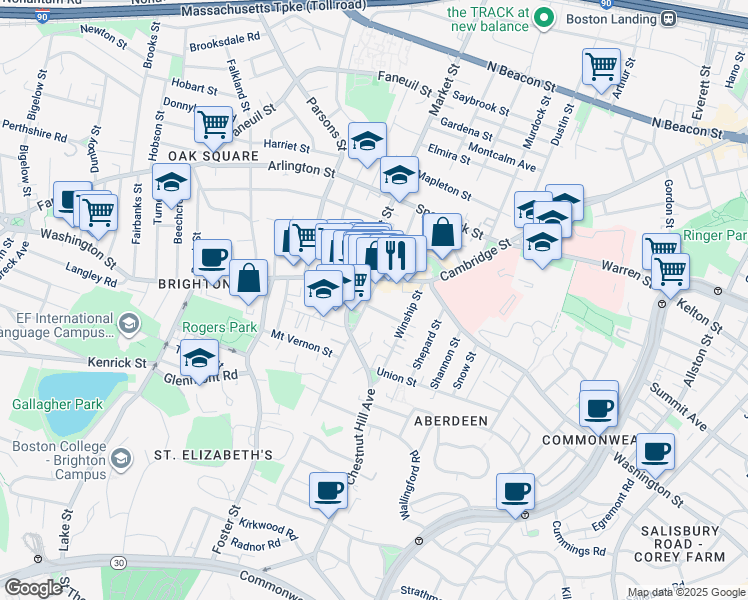 map of restaurants, bars, coffee shops, grocery stores, and more near 21 Peaceable Street in Boston