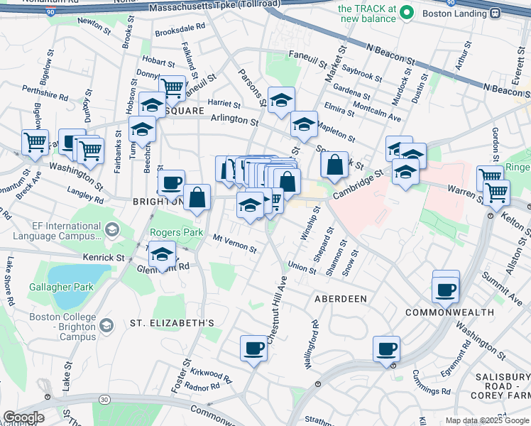map of restaurants, bars, coffee shops, grocery stores, and more near 30 Chestnut Hill Avenue in Boston