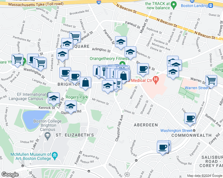 map of restaurants, bars, coffee shops, grocery stores, and more near 30 Chestnut Hill Avenue in Boston