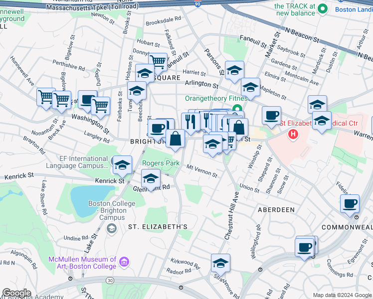 map of restaurants, bars, coffee shops, grocery stores, and more near 31R Eastburn Street in Boston