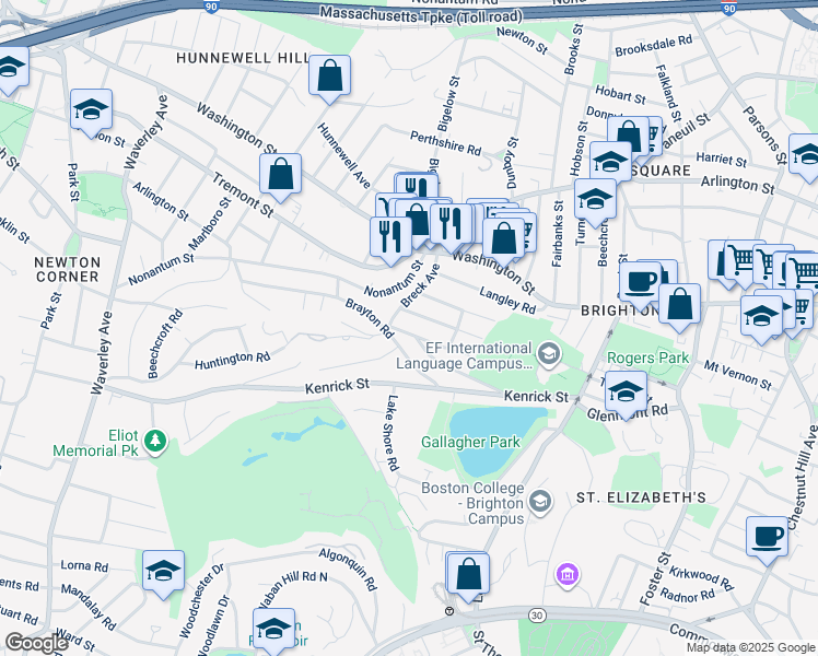 map of restaurants, bars, coffee shops, grocery stores, and more near 53 Brayton Road in Boston