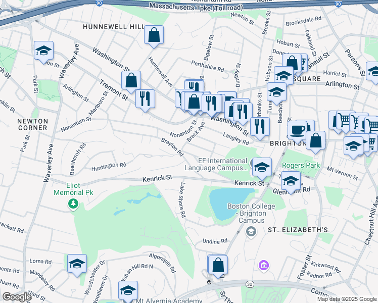 map of restaurants, bars, coffee shops, grocery stores, and more near 53 Brayton Road in Boston