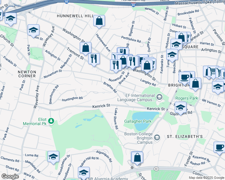 map of restaurants, bars, coffee shops, grocery stores, and more near 135 Huntington Road in Boston