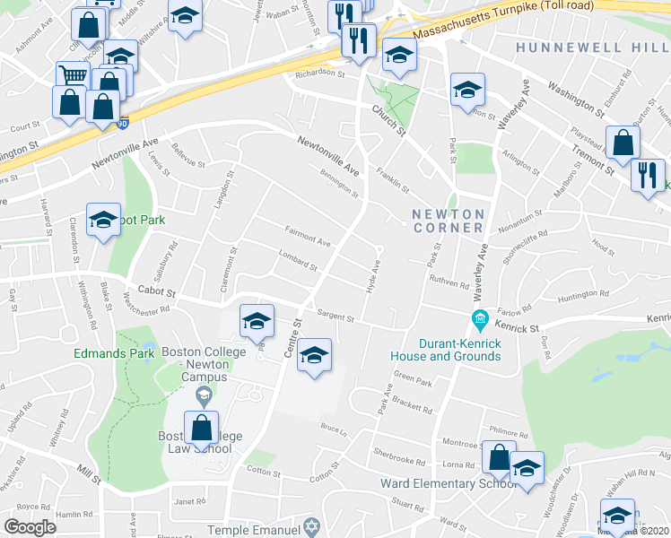 map of restaurants, bars, coffee shops, grocery stores, and more near 27 George Street in Newton