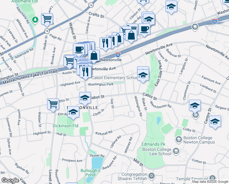 map of restaurants, bars, coffee shops, grocery stores, and more near 288 Cabot Street in Newton