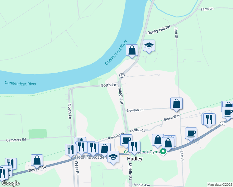 map of restaurants, bars, coffee shops, grocery stores, and more near 15 Middle Street in Hadley