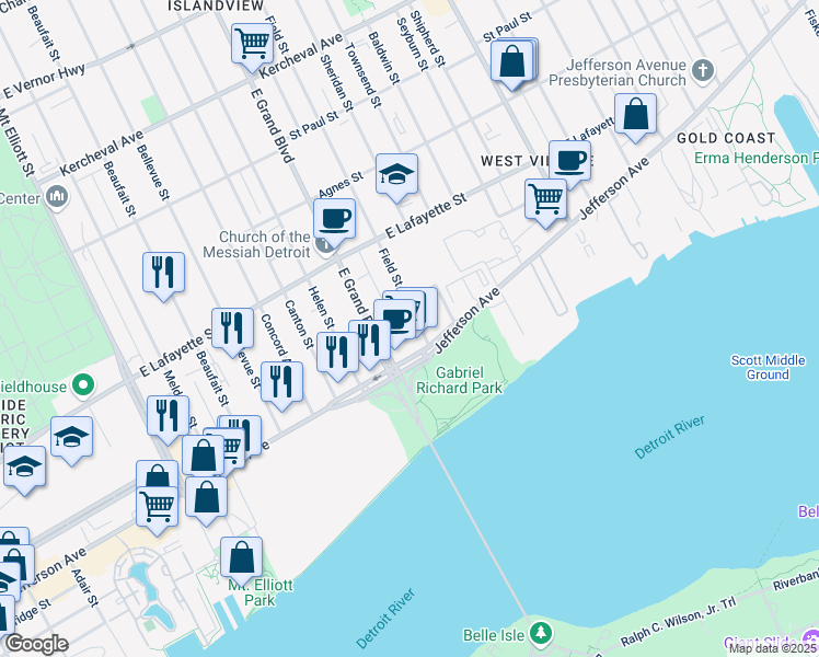 map of restaurants, bars, coffee shops, grocery stores, and more near 7255 East Jefferson Avenue in Detroit