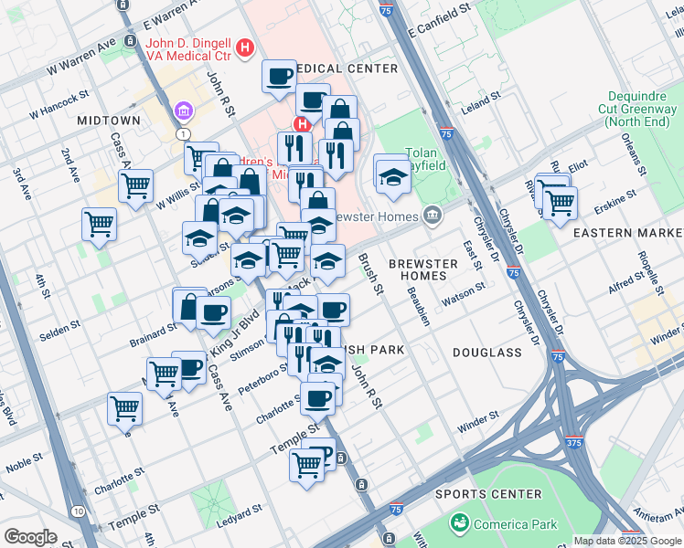 map of restaurants, bars, coffee shops, grocery stores, and more near 3500 John R Street in Detroit