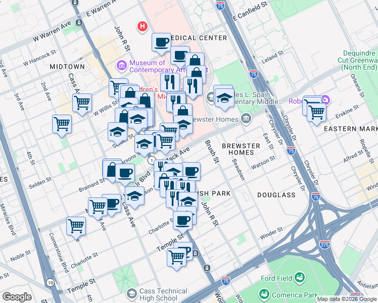 map of restaurants, bars, coffee shops, grocery stores, and more near 3500 John R Street in Detroit