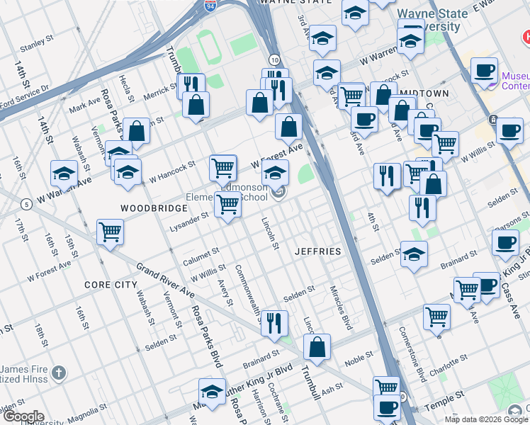 map of restaurants, bars, coffee shops, grocery stores, and more near 4322 Lincoln Street in Detroit