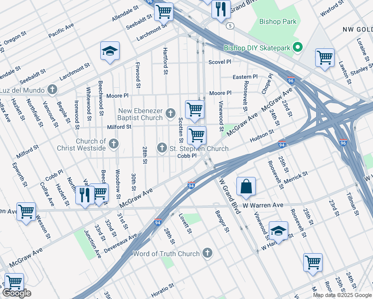 map of restaurants, bars, coffee shops, grocery stores, and more near 6002 Scotten Avenue in Detroit
