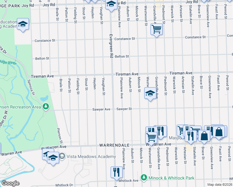 map of restaurants, bars, coffee shops, grocery stores, and more near 7694 Evergreen Road in Detroit