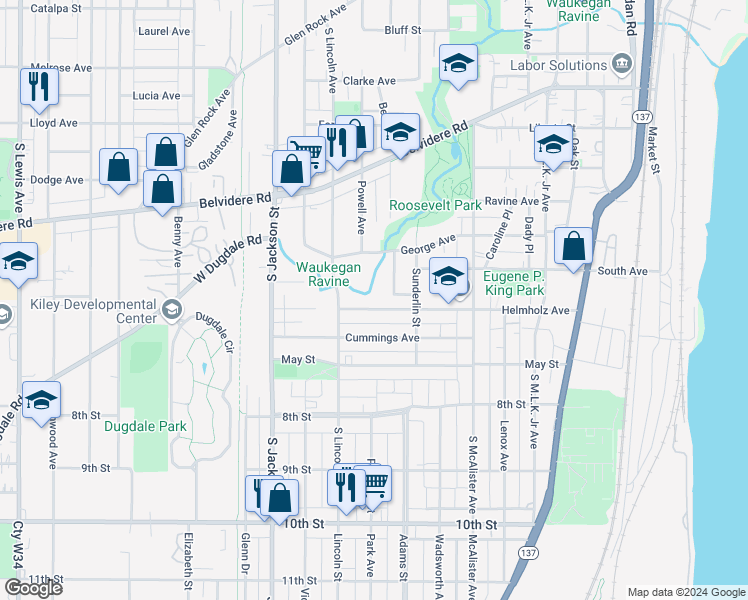 map of restaurants, bars, coffee shops, grocery stores, and more near 701 Helmholz Avenue in Waukegan