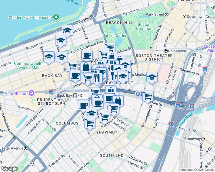 map of restaurants, bars, coffee shops, grocery stores, and more near 108 Berkeley Street in Boston
