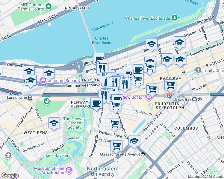 map of restaurants, bars, coffee shops, grocery stores, and more near 360 Newbury Street in Boston