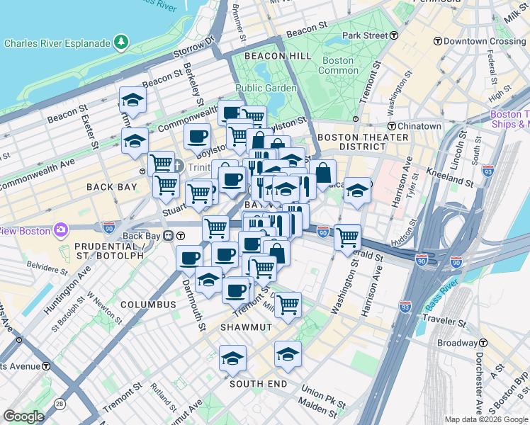map of restaurants, bars, coffee shops, grocery stores, and more near in Boston
