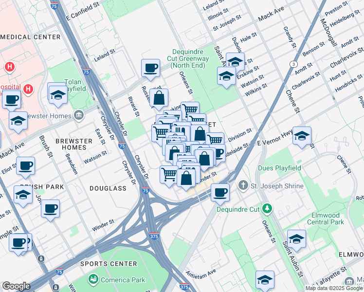 map of restaurants, bars, coffee shops, grocery stores, and more near 2906 Russell St in Detroit
