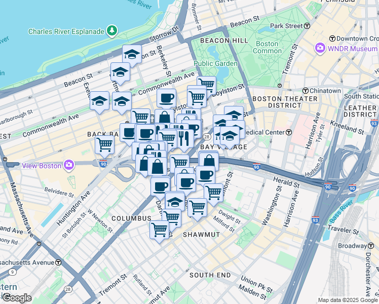 map of restaurants, bars, coffee shops, grocery stores, and more near 209 Columbus Avenue in Boston
