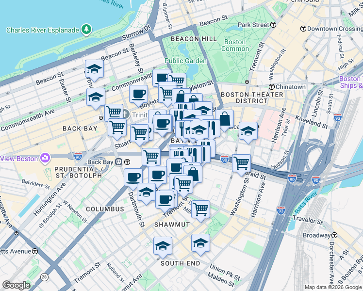 map of restaurants, bars, coffee shops, grocery stores, and more near in Boston