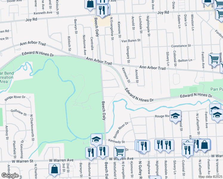 map of restaurants, bars, coffee shops, grocery stores, and more near 25593 Tireman Street in Dearborn Heights