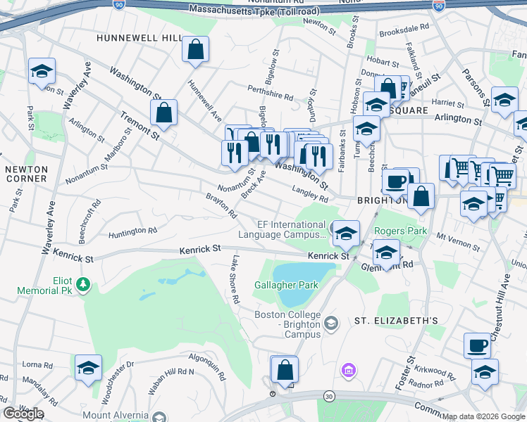 map of restaurants, bars, coffee shops, grocery stores, and more near 48 South Crescent Circuit in Boston
