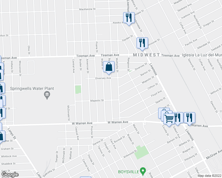 map of restaurants, bars, coffee shops, grocery stores, and more near 7476 Burnette Street in Detroit