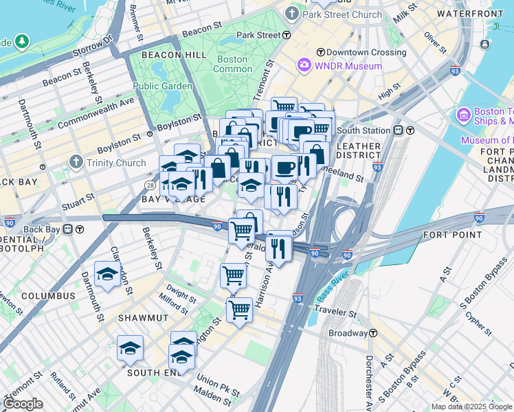 map of restaurants, bars, coffee shops, grocery stores, and more near 5 Oak Street West in Boston