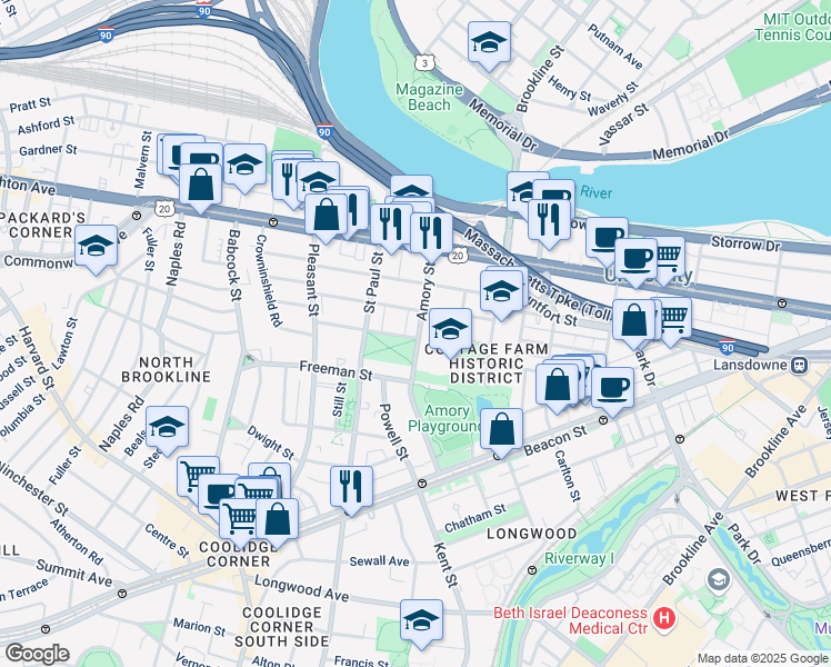 map of restaurants, bars, coffee shops, grocery stores, and more near 303 Saint Paul Street in Brookline