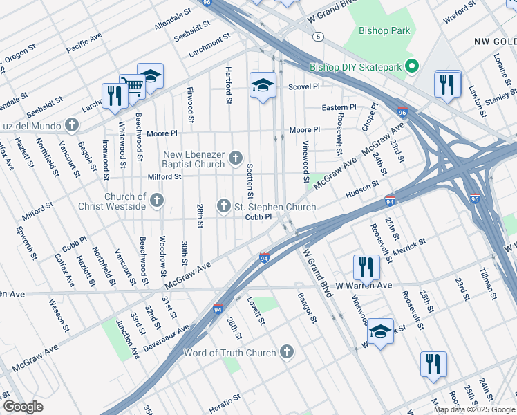 map of restaurants, bars, coffee shops, grocery stores, and more near 6002 Scotten Avenue in Detroit