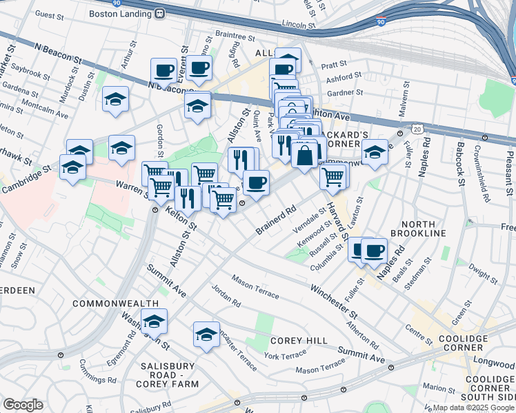 map of restaurants, bars, coffee shops, grocery stores, and more near 1322 Commonwealth Avenue in Boston