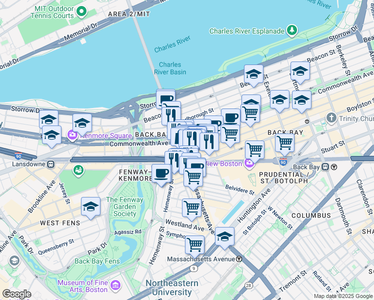 map of restaurants, bars, coffee shops, grocery stores, and more near 360 Newbury Street in Boston