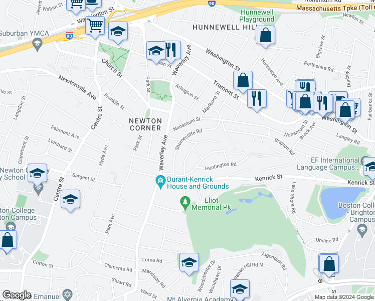 map of restaurants, bars, coffee shops, grocery stores, and more near 25 Beechcroft Road in Newton