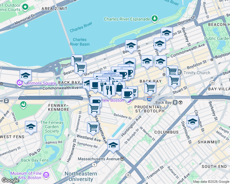 map of restaurants, bars, coffee shops, grocery stores, and more near 913 Boylston Street in Boston