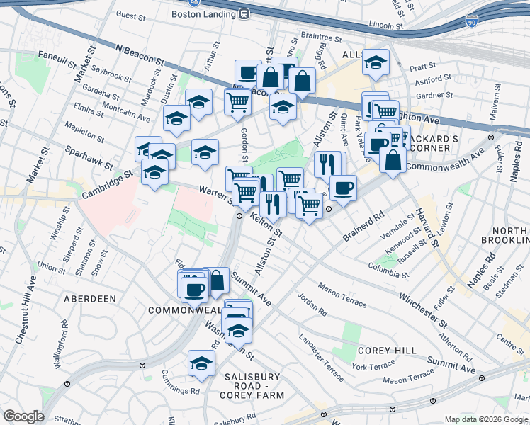 map of restaurants, bars, coffee shops, grocery stores, and more near 1412 Commonwealth Avenue in Boston