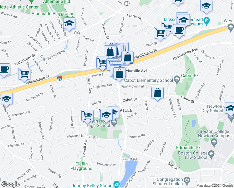map of restaurants, bars, coffee shops, grocery stores, and more near 369 Walnut Street in Newton