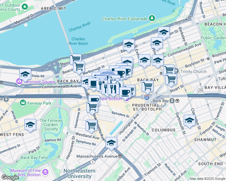 map of restaurants, bars, coffee shops, grocery stores, and more near 927 Boylston Street in Boston
