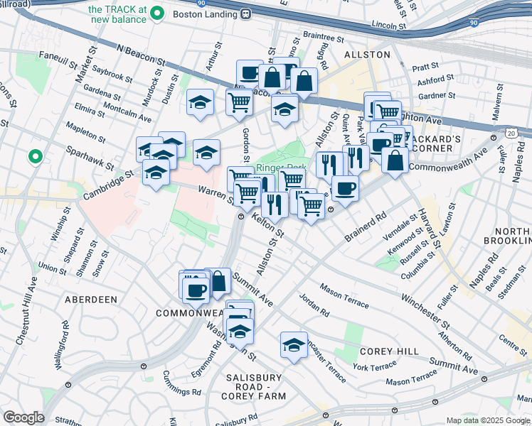 map of restaurants, bars, coffee shops, grocery stores, and more near 153 Kelton Street in Boston