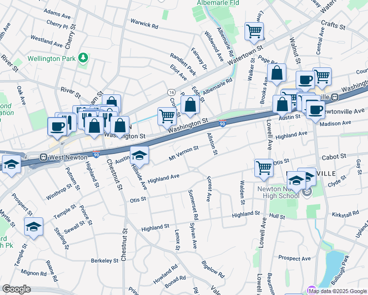map of restaurants, bars, coffee shops, grocery stores, and more near 6 Forest Avenue in Newton