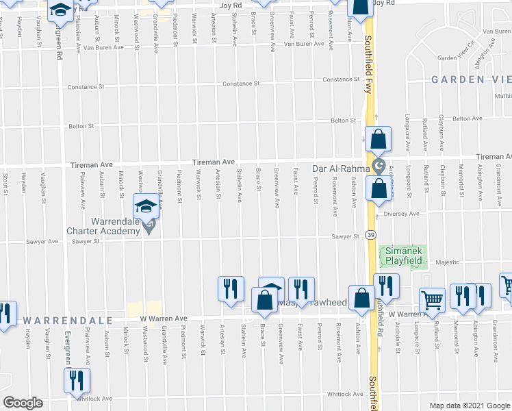 map of restaurants, bars, coffee shops, grocery stores, and more near 7703 Brace Street in Detroit