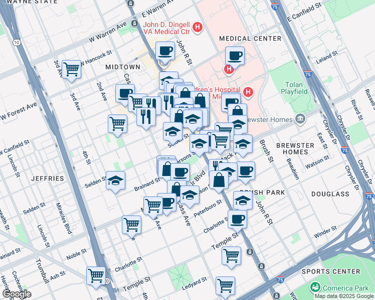 map of restaurants, bars, coffee shops, grocery stores, and more near 46 Parsons Street in Detroit