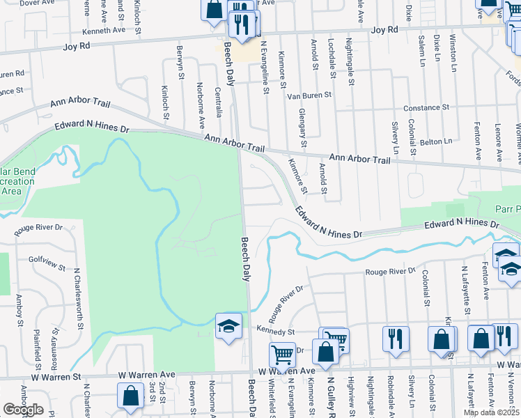 map of restaurants, bars, coffee shops, grocery stores, and more near 25593 Tireman Street in Dearborn Heights