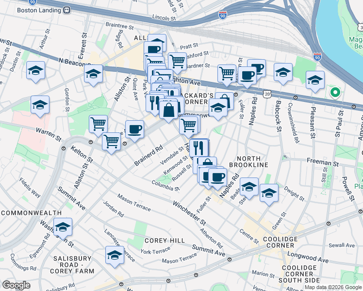 map of restaurants, bars, coffee shops, grocery stores, and more near 16 Verndale Street in Brookline