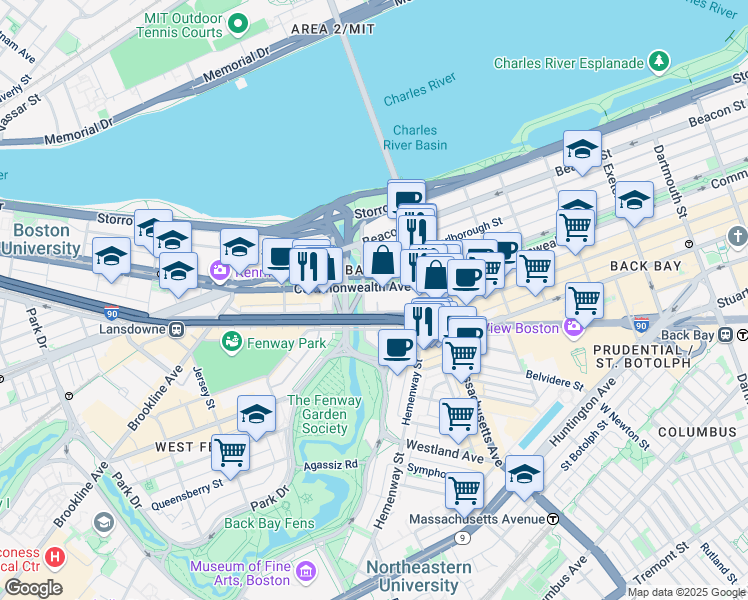 map of restaurants, bars, coffee shops, grocery stores, and more near 427 Newbury Street in Boston